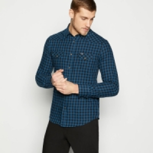 Wrangler Blue Gingham Print Cotton Long Sleeve Slim Fit Shirt