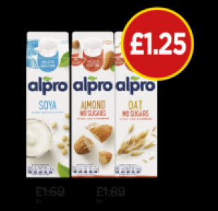 Alpro Soya Milk Original, Almond Milk Unsweetened, Oat Milk  £1.25