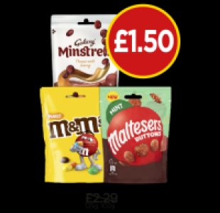 Budgens  Galaxy Minstrels Pouch, M&Ms Peanut Pouch, Maltersers Mint B