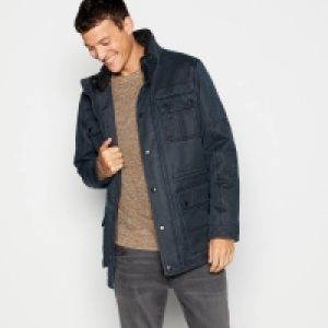 Mantaray Navy Blue Waxed Four Pocket Borg Collar Jacket