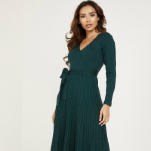 Quiz Bottle Green Knitted Pleat Midi Dress