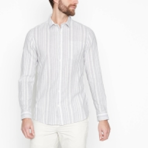 Maine New England Taupe Striped Linen Blend Long Sleeves Regular Fit Shirt