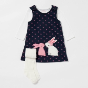 Bluezoo Baby Girls Navy Bunny Applique Pinafore, Top and Tights Set