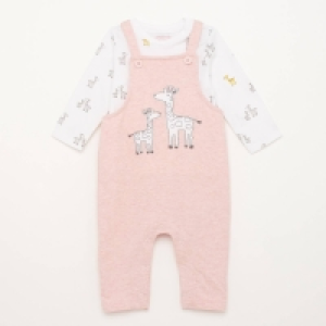 Debenhams Bluezoo Baby Girls Pink Giraffe Applique Marl Dungarees and Top Set