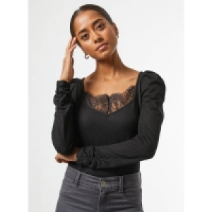 Dorothy Perkins Petite Black Ribbed Lace Top