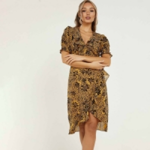 Quiz Mustard Floral Chiffon Wrap Midi Dress
