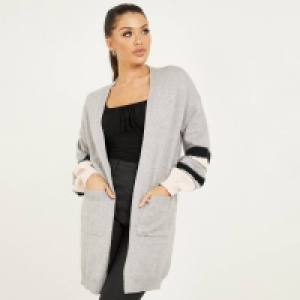 Quiz Grey Stripe Knitted Long Cardigan