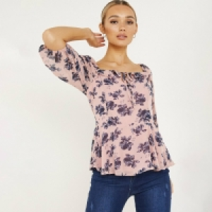 Quiz Pink & Navy Floral Peplum Top