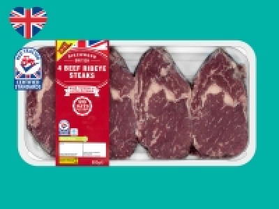 Birchwood 4 British Beef Ribeye Steaks £11.99