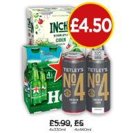 Budgens  Inchs Medium Apple Cider, Heineken, Tetley No.4 Premium Lage