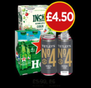 Inchs Medium Apple Cider, Heineken, Tetley No.4 Premium Lage