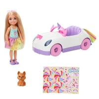 HomeBargains  Barbie Club Chelsea Doll with Open-Top Unicorn Car & Sticker
