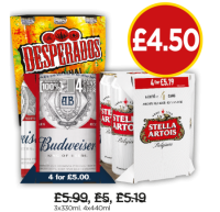 Budgens  Desperados, Budweiser, Stella Artois Premium Lager Cans