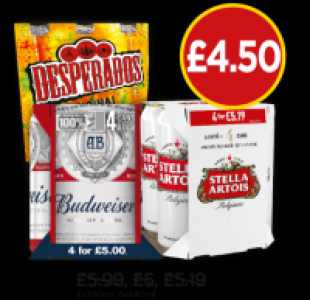 Budgens  Desperados, Budweiser, Stella Artois Premium Lager Cans