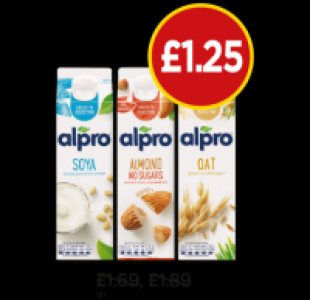 Alpro Soya Milk Original, Almond Milk Unsweetened, Oat Milk  £1.25