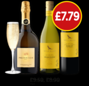 Soffio Prosecco D.O.C, Wolf Blass Yellow Label Merlot, Chard £7.79