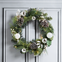 HomeBargains  Festive Feeling: 24 Inch Indoor Decorated Pre-Lit Wreath - Silve