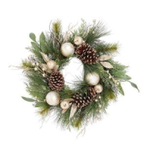 Pvc Natural Cone and Gold Bauble Christmas Wreath - 50cm