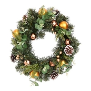 Plastic Natural Foliage with Bronze Baubles Christmas Wreath - 50cm