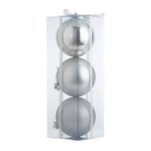 Plastic Large Silver Shatterproof Christmas Tree Baubles - Pack of 3