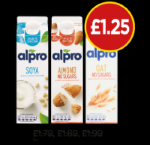 Alpro Soya Milk Original, Almond Milk Unsweetened, Oat Milk  £1.25