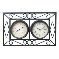 QDStores  Ornate Metal Wall Mount Garden Wall Clock & Thermometer - Bl
