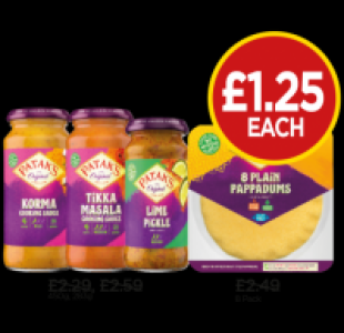 Pataks Korma Sauce, Tikka Masala Sauce, Lime & Pickle, Plain