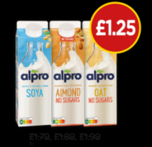 Alpro Soya Milk Original, Almond Milk Unsweetened, Oat Milk  £1.25
