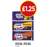 Budgens  Cadbury Raspberry Mini Rolls, Caramel Cake Bars, Fudge Cake 