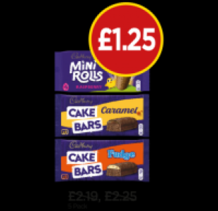 Budgens  Cadbury Raspberry Mini Rolls, Caramel Cake Bars, Fudge Cake 