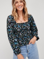 LittleWoods V By Very Shirring Detail Long Sleeve Top - Print