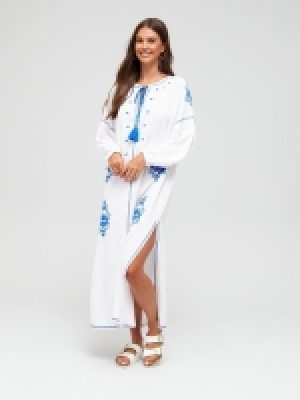 LittleWoods V By Very Embroidered Detail Tassel Beach Kaftan - White/Blue