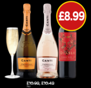 Budgens  Canti Prosecco Spumante Extra Dry, Prosecco Rose, Diablo Dar