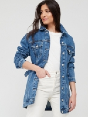 LittleWoods V By Very Longline Denim Jacket With Side Adjuster - Mid Wash