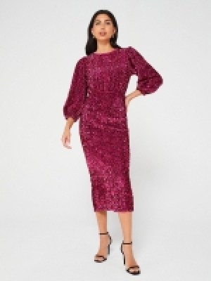 LittleWoods V By Very Puff Sleeve Sequin Midi Dress - Pink