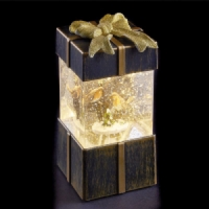QDStores  LED White Animated Bronze Gift Box With Robins Ornament 17cm