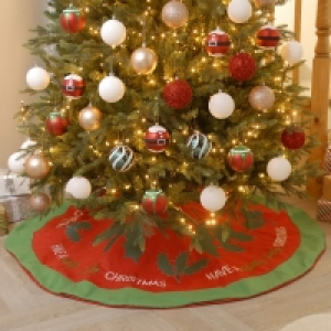 QDStores  136cm Christmas Tree Skirt Fabric Green & Red Jolly Holly