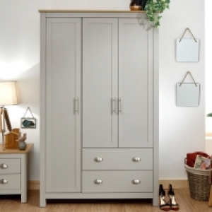 QDStores  Lancaster Tall Wardrobe Grey 3 Doors 1 Shelf 2 Drawers