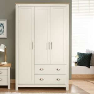 QDStores  Lancaster Tall Wardrobe Cream 3 Doors 1 Shelf 2 Drawers