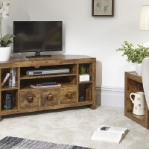 QDStores  Jakarta Corner TV unit Natural 6 Shelves 3 Drawers