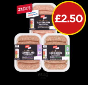 Jacks Sausages Traditional Pork, Cumberland, Lincolnshire £2.50