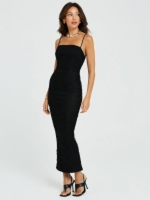 LittleWoods Michelle Keegan Dobby Mesh Strappy Bodycon Midi Dress - Black