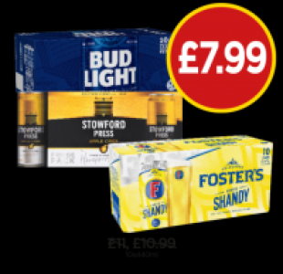 Budgens  Bud Light, Stowford Press, Fosters Shandy