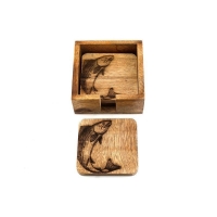QDStores  4x Fish Coaster Wood with Engraved Pattern - 10cm