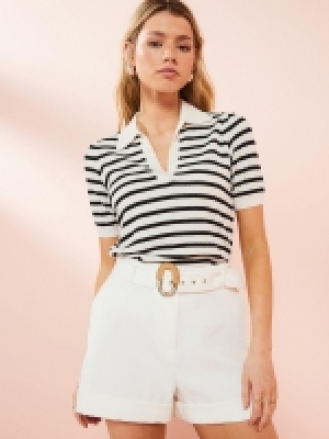 LittleWoods V By Very Short Sleeve Stripe Jumper With Collar - Black/Cream