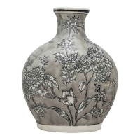 QDStores  Bottle Vase Ceramic Grey & White with Flower Pattern - 32cm