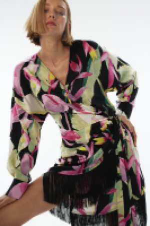 HM  Fringe-trimmed satin wrap dress