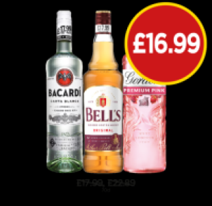 Bacardi, Bells Whisky, Gordons Premium Pink