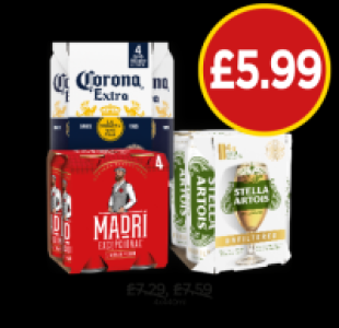 Corona Extra, Madri, Stella Artois Unfiltered