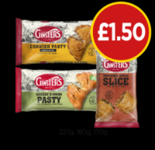 Budgens  Ginsters Cornish Pasty, Cheese & Onion, Peppered Steak Slice